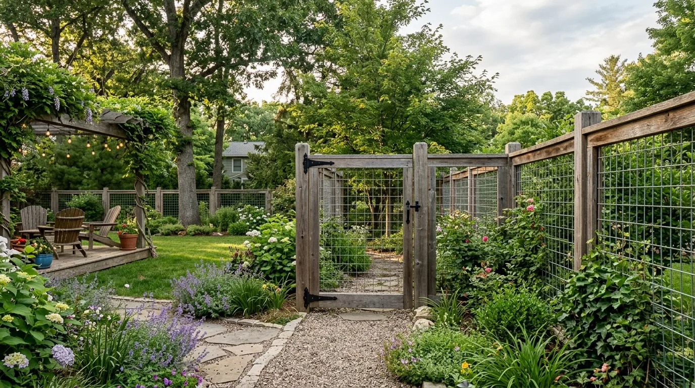 Rustic Backyard With Hog Wire Fence Panels